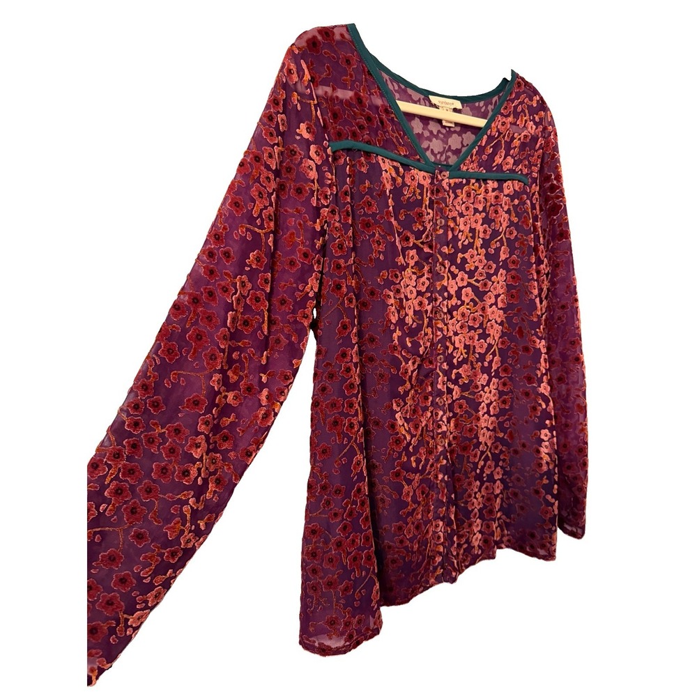Sundance Burnout Velvet Blouse Top M Sheer Button Up Floral Tunic Whimsigoth